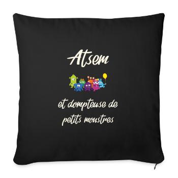 Atsem et dompteuse de petits monstres rigolos - Housse de coussin décorative 45 x 45 cm - noir - Devant