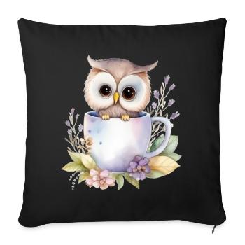 Hibou mignon avec des fleurs dans une tasse - Housse de coussin décorative 45 x 45 cm - noir - Devant