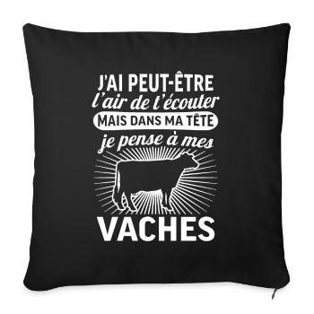 dans ma tête je pense à mes vaches t-shirt vache - Housse de coussin décorative 45 x 45 cm - noir - Devant