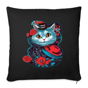 Niedliche Katze mit Hut und Rosen - Sofakissenbezug 45 x 45 cm - Schwarz - Vorne