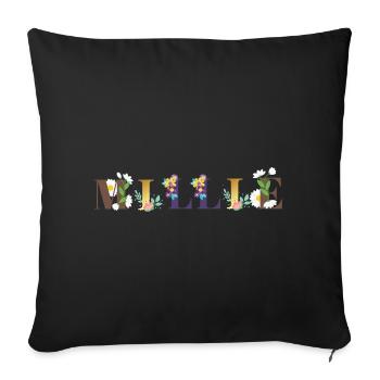 MILLIE Namenskunst mit Blumen gestickt - Sofakissenbezug 45 x 45 cm - Schwarz - Vorne