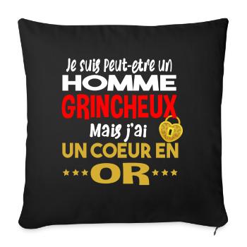 Grincheux grognon coeur en or. Cadeau homme humour - Housse de coussin décorative 45 x 45 cm - noir - Devant