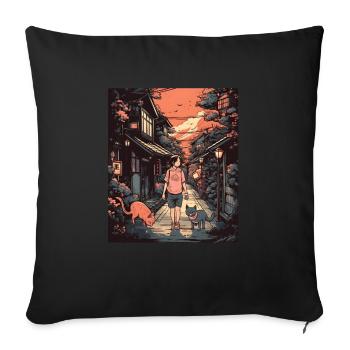 Lofi Japan Street Design with Girl and Cat - Cozy - Sofa pillowcase 17,3'' x 17,3'' (45 x 45 cm) - black - Front