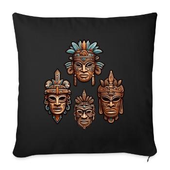 Kunstvolle geschnitzte Azteken, Maya, Inka Masken - Sofakissenbezug 45 x 45 cm - Schwarz - Vorne