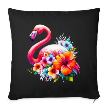 Flamingo decorated with hibiscus flowers - Sofa pillowcase 17,3'' x 17,3'' (45 x 45 cm) - black - Front