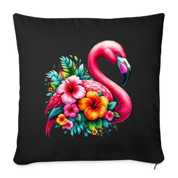 Flamingo decorated with hibiscus flowers - Sofa pillowcase 17,3'' x 17,3'' (45 x 45 cm) - black - Front