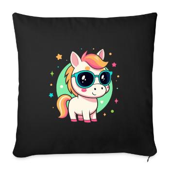 Poney arc en ciel avec lunettes - Housse de coussin décorative 45 x 45 cm - noir - Devant