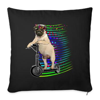 Escooter Mops mit Blumenkranz Electricscooter - Sofakissenbezug 45 x 45 cm - Schwarz - Vorne