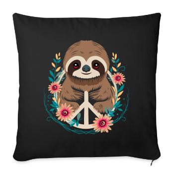 Paresseux avec signe de paix et fleurs - Housse de coussin décorative 45 x 45 cm - noir - Devant