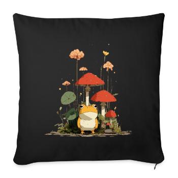 Grenouille devant des champignons rouges dans la forêt - Housse de coussin décorative 45 x 45 cm - noir - Devant