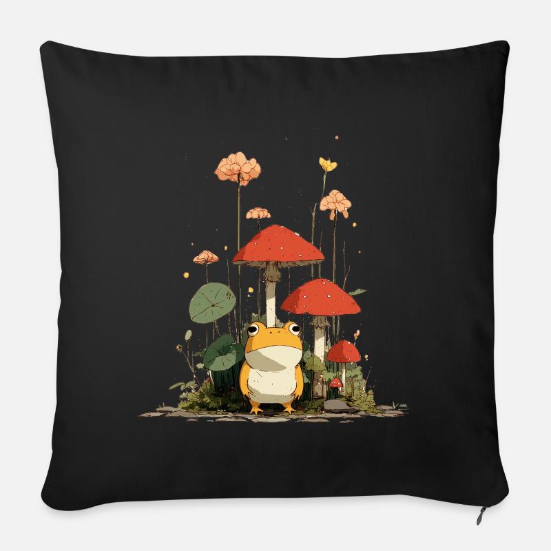 Frosch vor roten Pilzen im Wald - Sofakissenbezug 45 x 45 cm - Schwarz