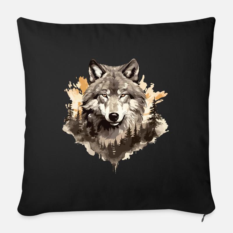 Wolf Wolfskopf Natur Wildnis Wald Bäume Kunst - Sofakissenbezug 45 x 45 cm - Schwarz