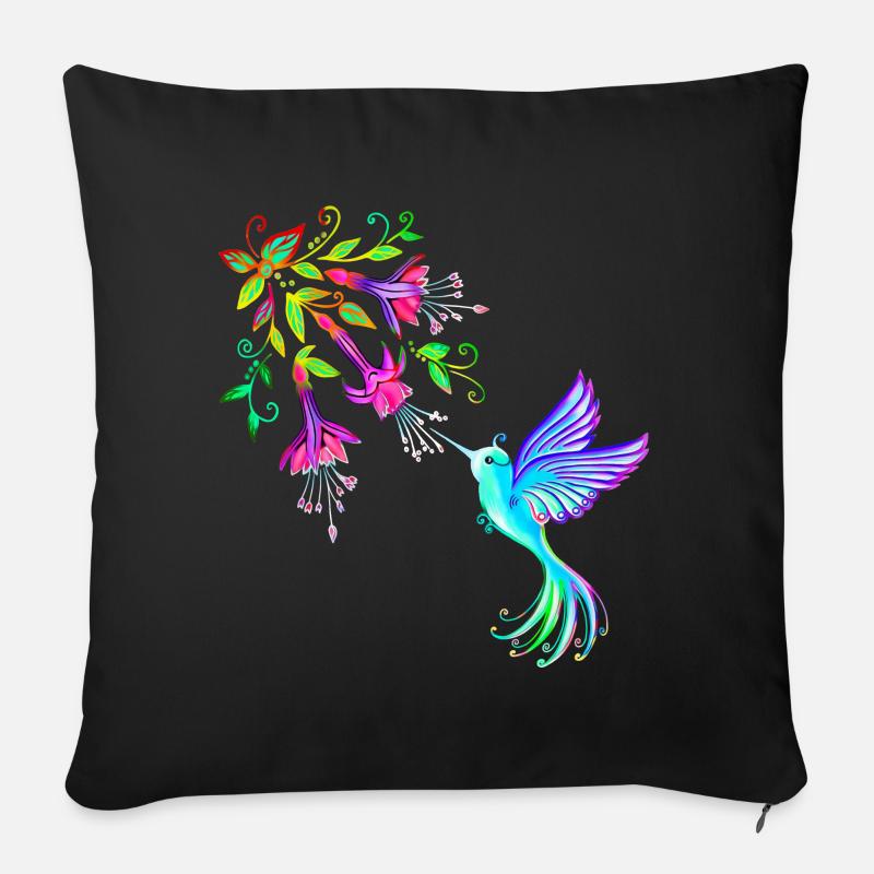 Colibri avec fleur fleurs oiseau nature plante animaux - Housse de coussin décorative 45 x 45 cm - noir
