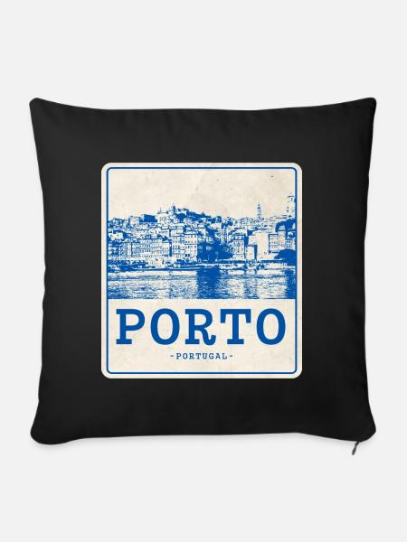Porto Blau Vintage Skyline - Sofakissenbezug 45 x 45 cm - Schwarz