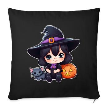 Sorcière mignonne avec chat noir et citrouille - Housse de coussin décorative 45 x 45 cm - noir - Devant