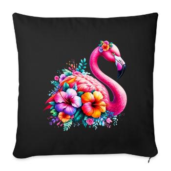 Flamingo decorated with hibiscus flowers - Sofa pillowcase 17,3'' x 17,3'' (45 x 45 cm) - black - Front