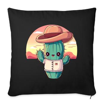 Cactus cowboy kawaii au coucher du soleil - Housse de coussin décorative 45 x 45 cm - noir - Devant