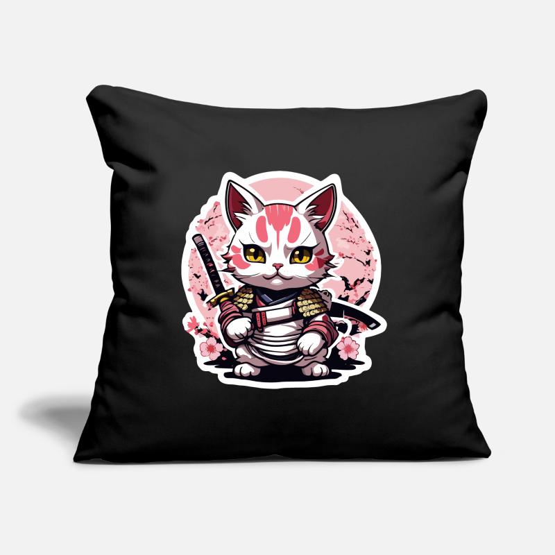 Chat samouraï & fleurs de cerisier #4 Housse de coussin décorative 45 x 45 cm