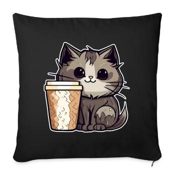 Chat de café mignon - Housse de coussin décorative 45 x 45 cm - noir - Devant