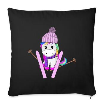 Licorne arc en ciel paillettes ski neige hiver - Housse de coussin décorative 45 x 45 cm - noir - Devant