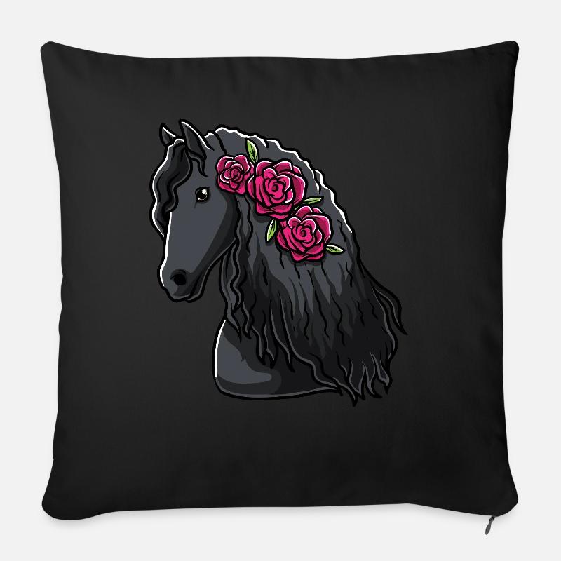 Friesenpferd mit Blumen Pferdefan Geschenk - Sofakissenbezug 45 x 45 cm - Schwarz