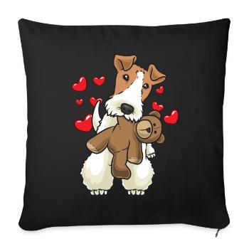 Foxterrier Drahthaar Hund mit Stofftier - Sofakissenbezug 45 x 45 cm - Schwarz - Vorne