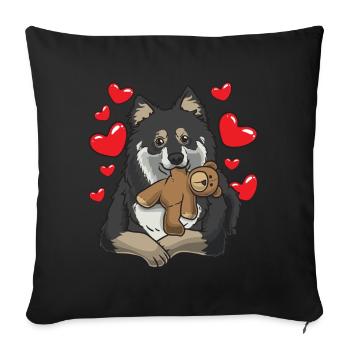 Finnischer Lapphund mit Kuscheltier - Sofakissenbezug 45 x 45 cm - Schwarz - Vorne