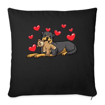 Chien Rottweiler avec jouet en peluche et de nombreux cœurs - Housse de coussin décorative 45 x 45 cm - noir - Devant