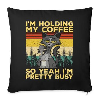 Drôle de chat grincheux tenant du café sarcasme chat maman - Housse de coussin décorative 45 x 45 cm - noir - Devant
