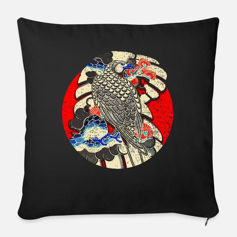 Bird - Art japonais - Housse de coussin décorative 45 x 45 cm - noir