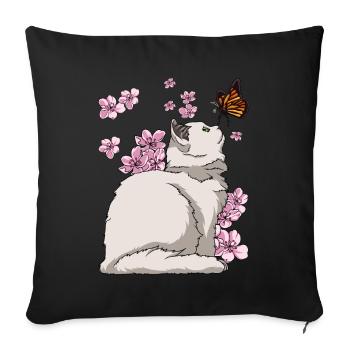 Chat japonais en fleurs de cerisier - Housse de coussin décorative 45 x 45 cm - noir - Devant