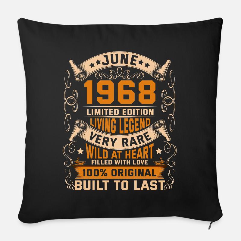 Birthday Legends 100% Original Juin 1968 - Housse de coussin décorative 45 x 45 cm - noir