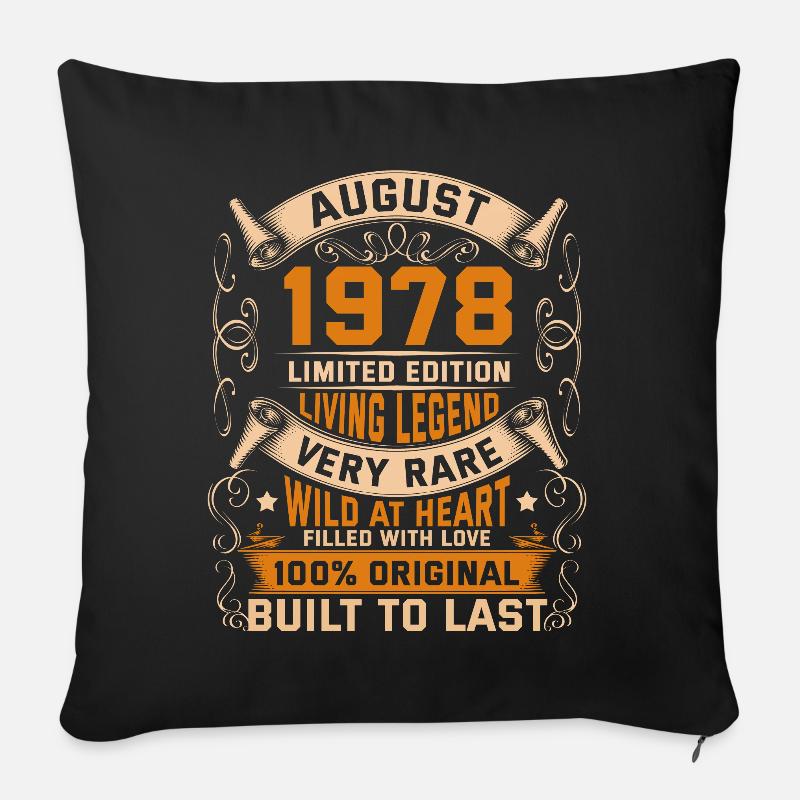 Birthday Legends 100% Original Août 1978 - Housse de coussin décorative 45 x 45 cm - noir