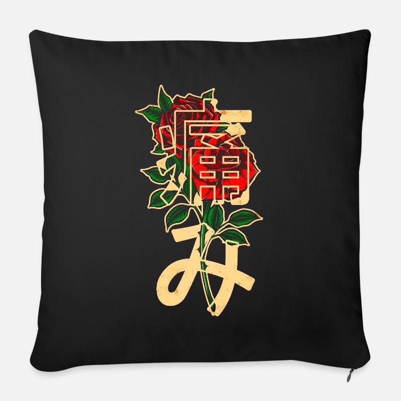 Rosen mit japanischen Schriftzeichen - Sofakissenbezug 45 x 45 cm - Schwarz