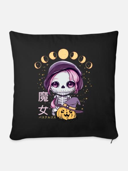Kawaii Skelett Pastell Goth Chibi Anime Moon Phase - Sofakissenbezug 45 x 45 cm - Schwarz