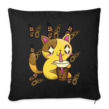 Nette Katze mit Sonnenblumen-Schmetterlings-Tee-Ka - Sofakissenbezug 45 x 45 cm - Schwarz - Vorne