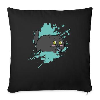 Katze mit Fisch im Maul im Kawaii Stil Tier - Sofakissenbezug 45 x 45 cm - Schwarz - Vorne
