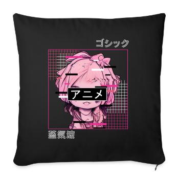 Glitch Anime Chibi Japanische Vaporwellen -Ästheti - Sofakissenbezug 45 x 45 cm - Schwarz - Vorne