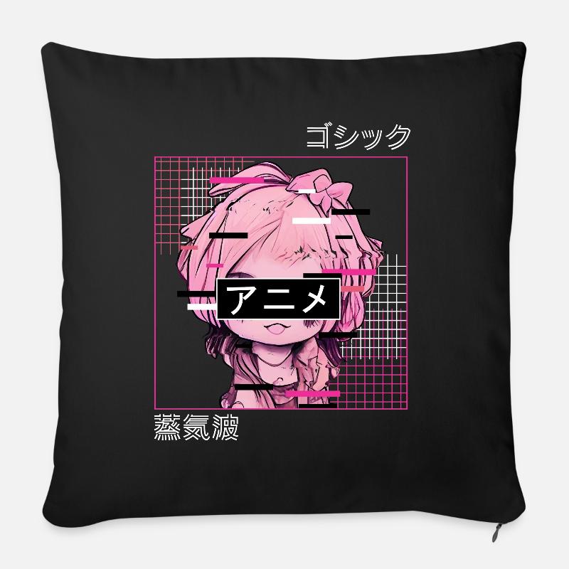 Glitch Anime Chibi Japanische Vaporwellen -Ästheti - Sofakissenbezug 45 x 45 cm - Schwarz