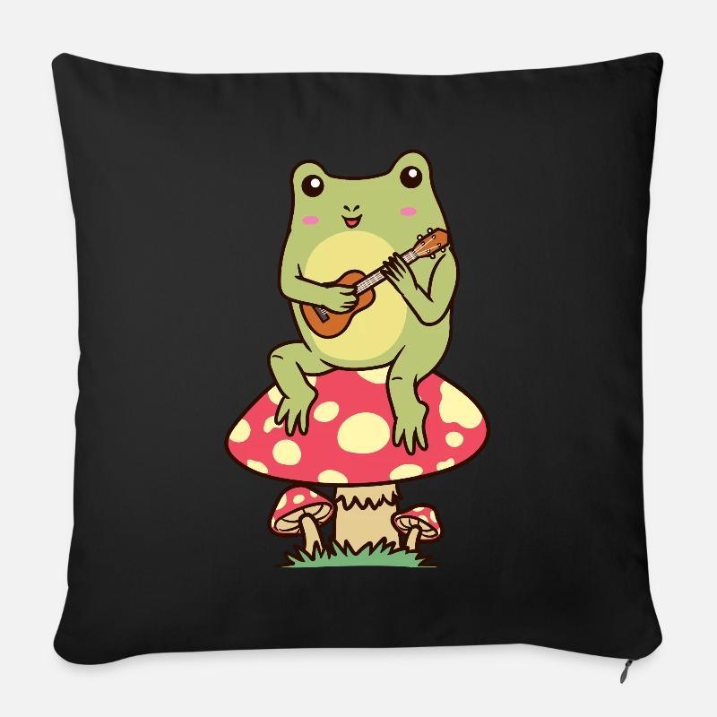 Ukulélé de grenouille sur un ukulélé aux champignons - Housse de coussin décorative 45 x 45 cm - noir