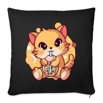 Anime Kawaii Chat Boissons Boba Thé Bubble Thé - Housse de coussin décorative 45 x 45 cm - noir - Devant