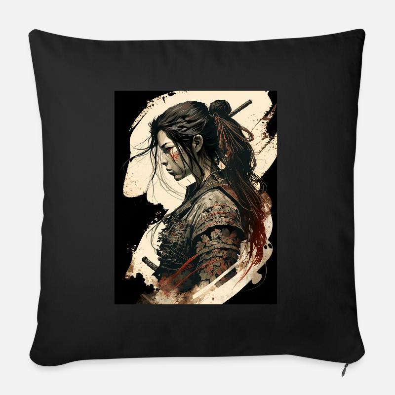 Guerrière samouraï - Housse de coussin décorative 45 x 45 cm - noir