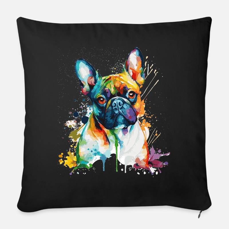 Aquarelle Bouledogue Français Mignon Coloré Pet Dog - Housse de coussin décorative 45 x 45 cm - noir
