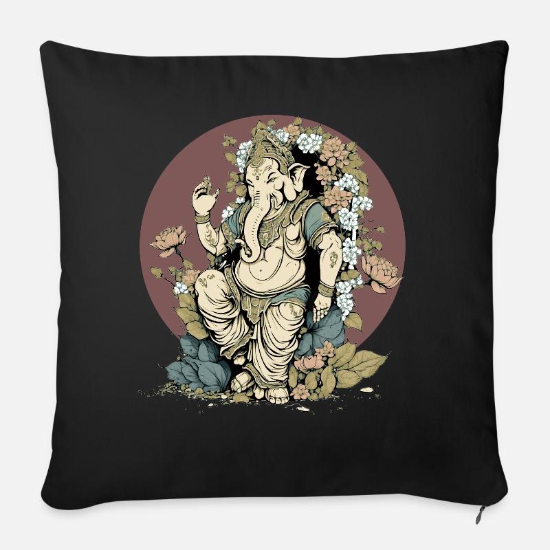 Dieu hindou Ganesha Hindouisme floral Éléphant Divinité L - Housse de coussin décorative 45 x 45 cm - noir