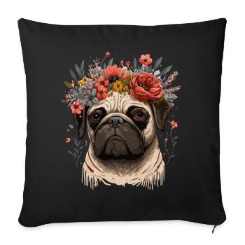 Fleur de carlin mignon Crown Pet Dog Breed Floral Puppy - Housse de coussin décorative 45 x 45 cm - noir - Devant