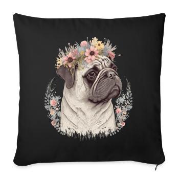 Fleur de carlin mignon Crown Pet Dog Breed Floral Puppy - Housse de coussin décorative 45 x 45 cm - noir - Devant