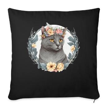 Mignon Chartreux Cat Fleur Couronne Chats Chaton de compagnie - Housse de coussin décorative 45 x 45 cm - noir - Devant