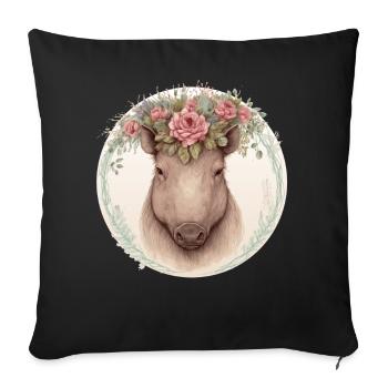 Mignon Sanglier Aquarelle Fleur Couronne Animal Love - Housse de coussin décorative 45 x 45 cm - noir - Devant