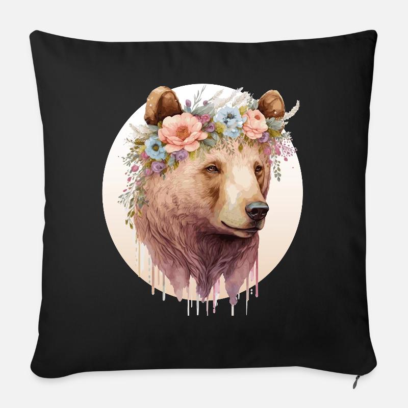 Watercolor Brown Bear Grizzly Flower Crown Wild An - Sofakissenbezug 45 x 45 cm - Schwarz