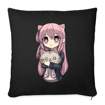 Anime Cats Kawaii Teen Otaku Girl With Cat - Sofa pillowcase 17,3'' x 17,3'' (45 x 45 cm) - black - Front